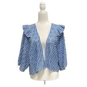 Anthropologie OS Cotton Lace Blue Stripe Open Shrug Cover Dolman Sleeve Ruffle